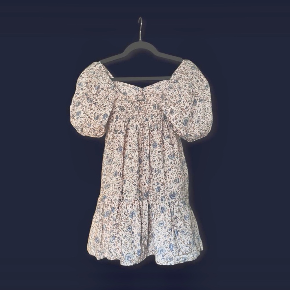 Billabong Be Mine Babydoll Dress XS Floral Blue Brown Puff Sleeve Ruffled EUC